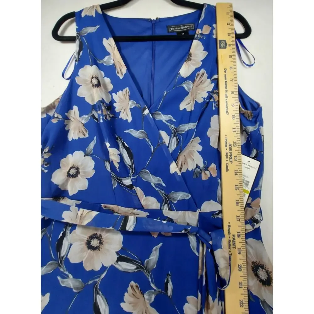Jessica Howard Missy 14 Blue Floral Chiffon Faux-Wrap Midi Dress Ruffle Tie NWT